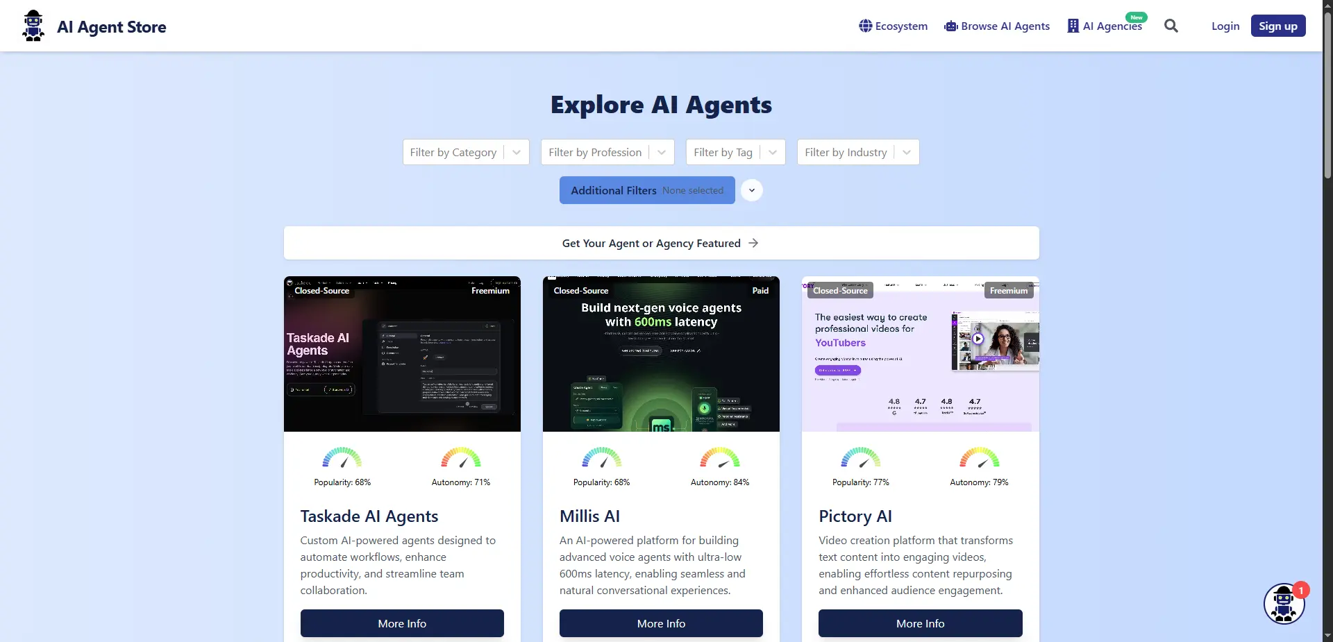 Screenshot of the AI Agent Store website showing how to browse AI helpers
